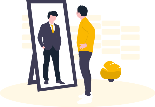 man in casual clothes looking at himself in mirror wearing a suit