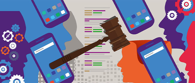illustration of judges gavel with people, cogs and devices