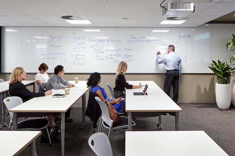 Teacher at whiteboard with students around table