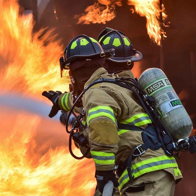 This is an image of two firefighters battling a bushfire with a fire hose