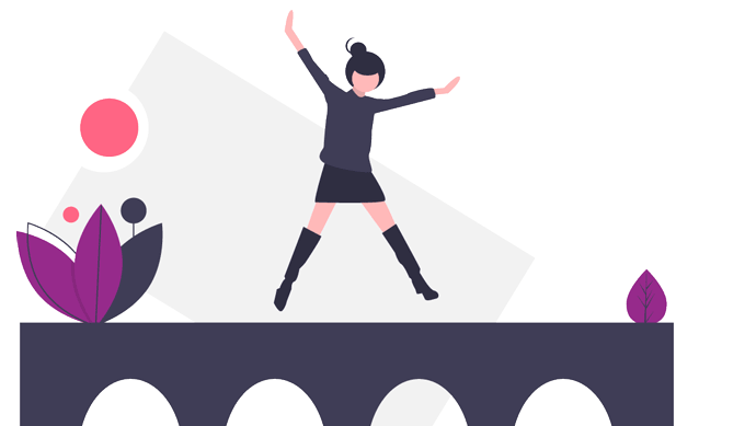 young woman skipping over bridge
