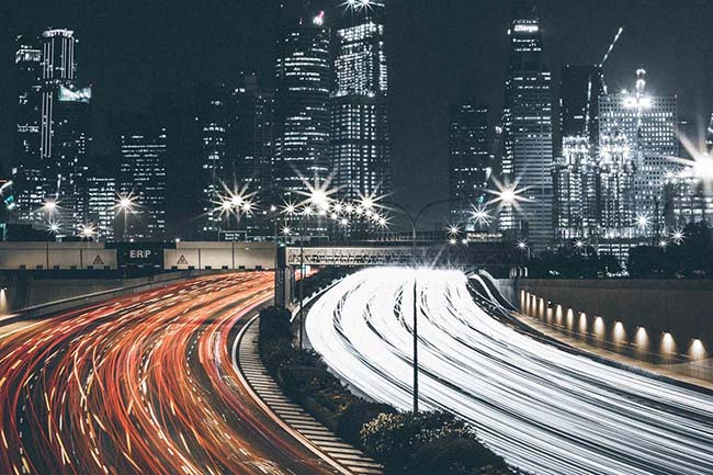 cityscape with traffic light trails