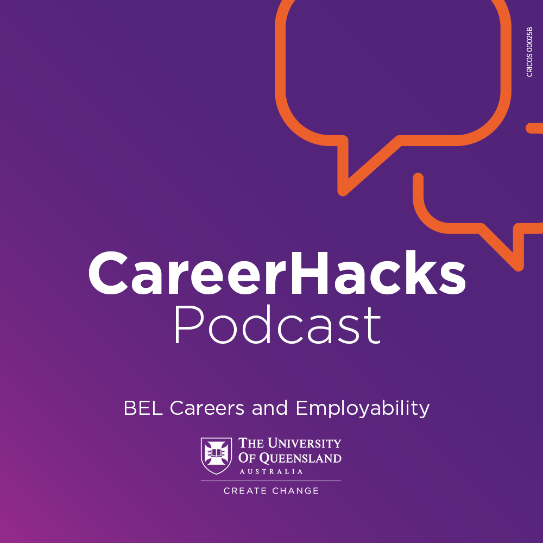 speech bubbles in orange on purple background with works CareerHacks Podcast