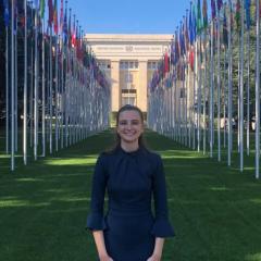 Isabella outside the United Nations in Geneva, Switzerland
