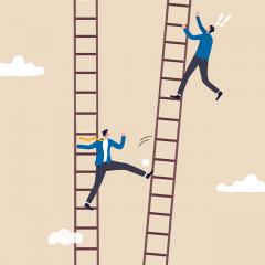 Vector art of two men on separate ladders, with the lower man kicking the ladder of the man father ahead. 