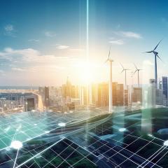 Image of landscape with sustainable infrastructure, including solar and wind power